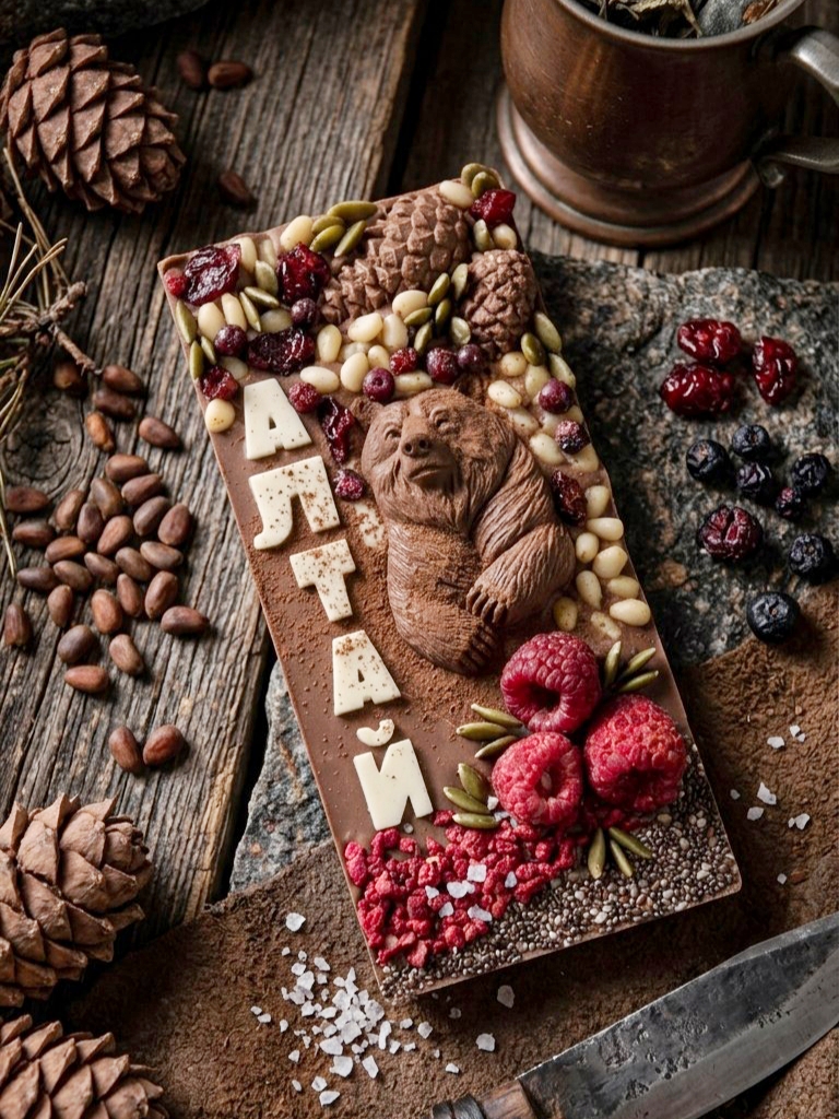 Авторская шоколадная плитка «АЛТАЙ» - застывшая мелодия дикой тайги, где в объятиях молочного и белого шоколада поют кедровые орешки.