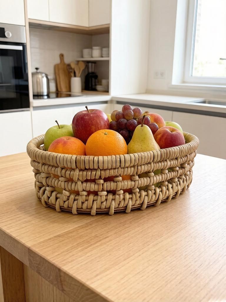 Фруктовница из влагостойкой бумажной лозы, 25×15×6 см, ручная работа, светло‑бежевый цвет, узелковое плетение.