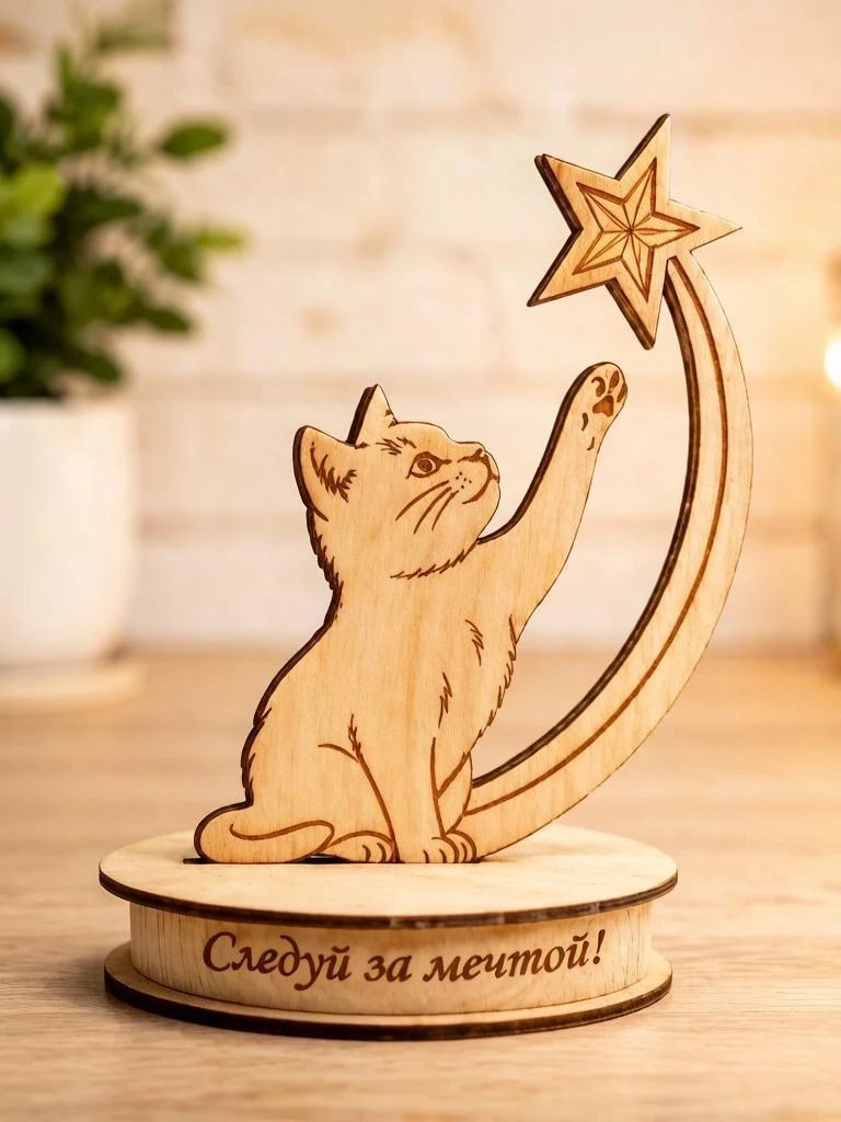 Деревянная статуэтка котика «Следуй за мечтой!» звучит как личное напутствие.
