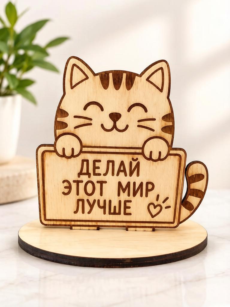Деревянная фигурка милый котик с тёплым посланием «Делай этот мир лучше». — фото 1
